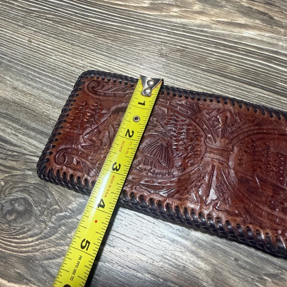 Vintage Hand Tooled Leather Fisherman Bass Wallet Whipstitch Bifold BrownWestern